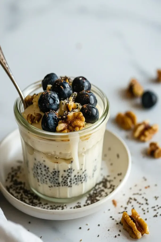 Quick Keto Breakfast Ideas for Early Travel Days 9 Cottage cheese cup topped with blueberries, walnuts, and cinnamon in a glass jar on a white plate.