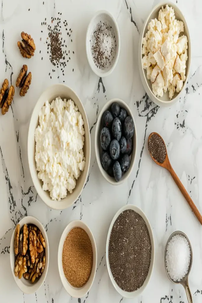 Quick Keto Breakfast Ideas for Early Travel Days 7 Ingredients for a keto cottage cheese breakfast cup arranged neatly on a white counter.
