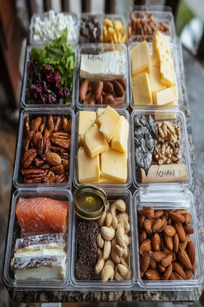 DIY travel snack box organized by macro for keto travelers