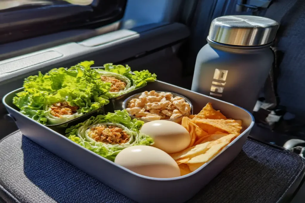 Keto meals for road trips packed in a travel-ready bento box