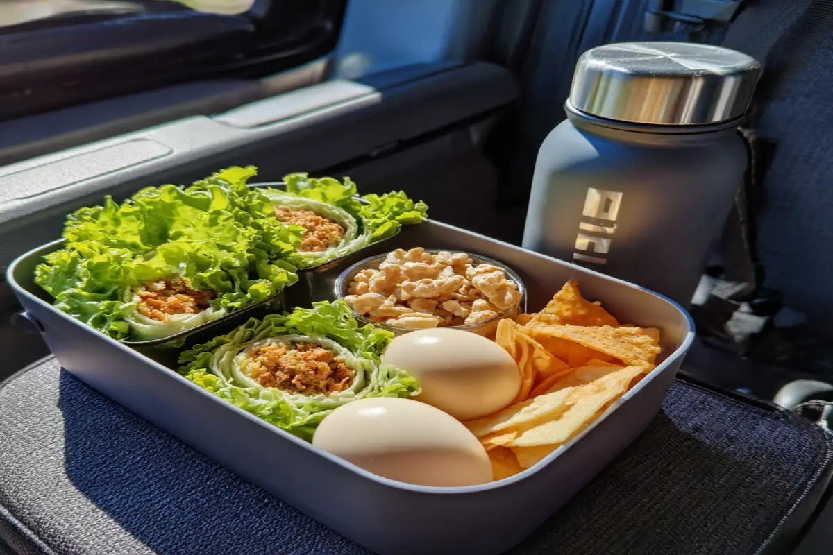 Keto meals for road trips packed in a travel-ready bento box