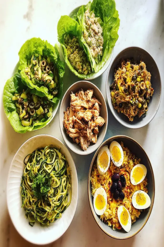 Prepped keto meals for road trips arranged in containers