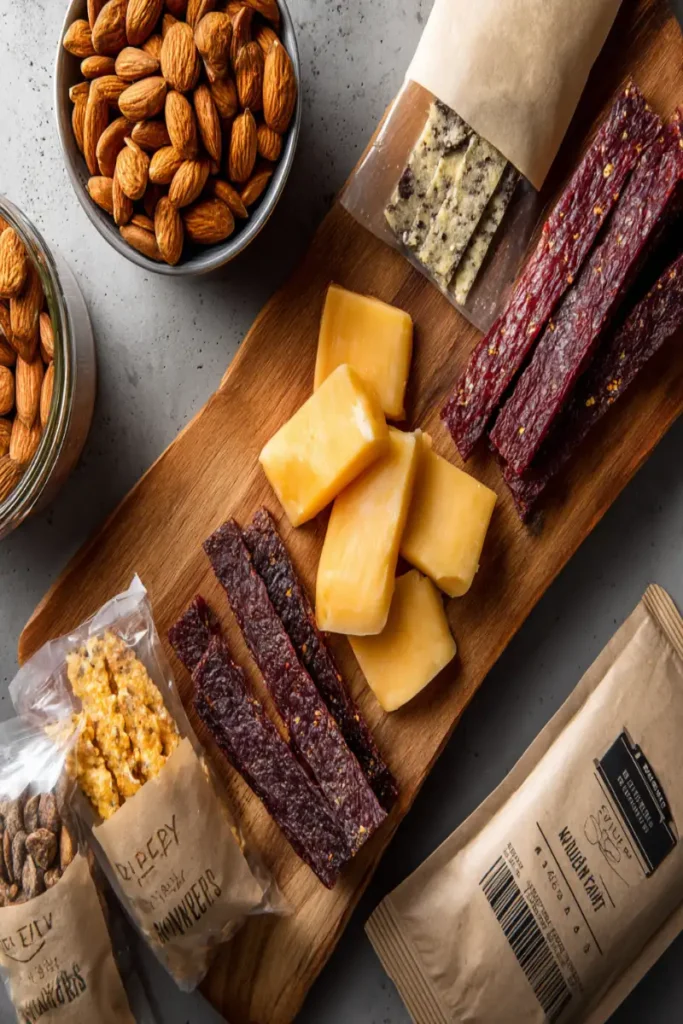 10 Keto Recipes for Travelers 5 Shelf-stable keto snacks laid out for travel