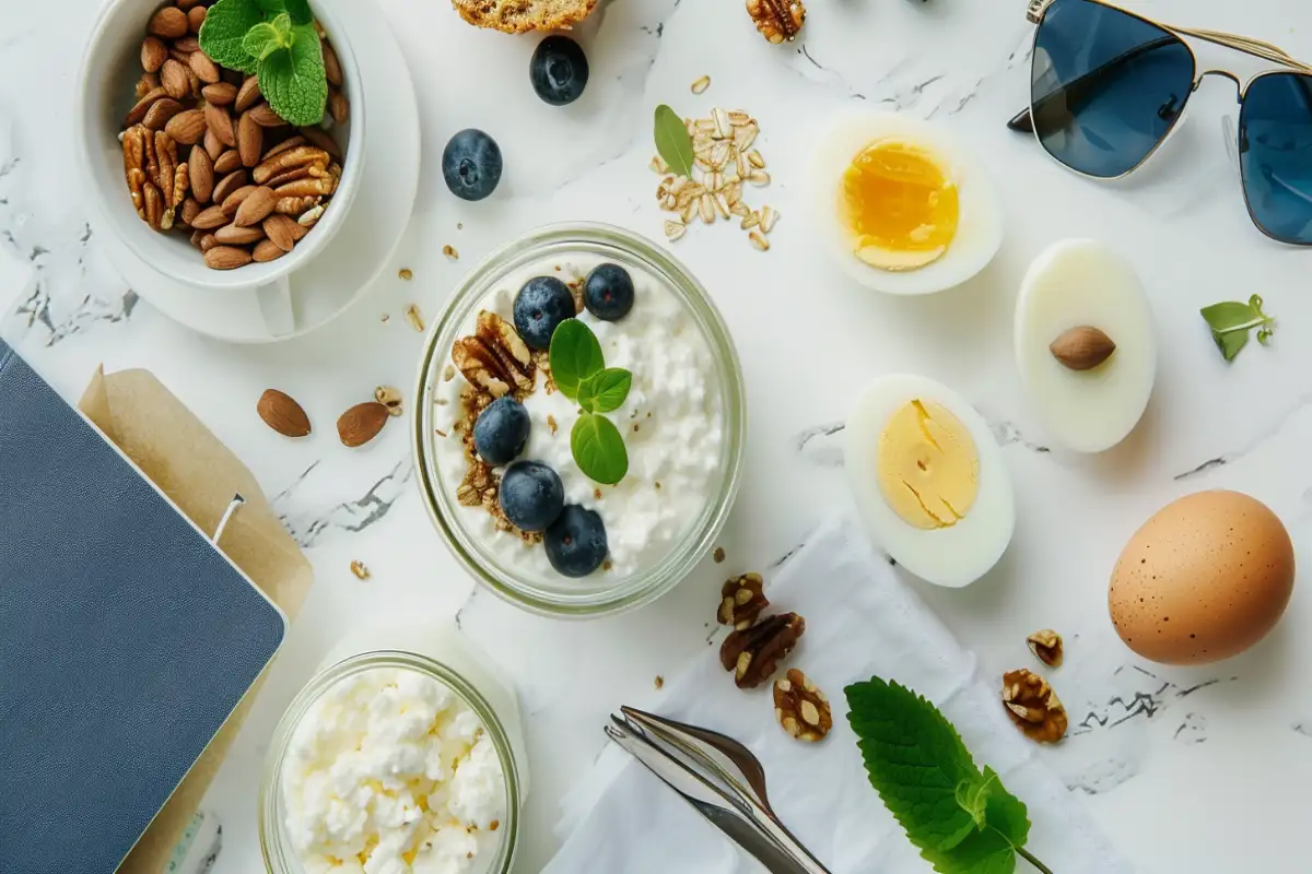 Keto travel breakfasts including cottage cheese cup, chia pudding, muffin, and eggs laid out with passport and sunglasses.