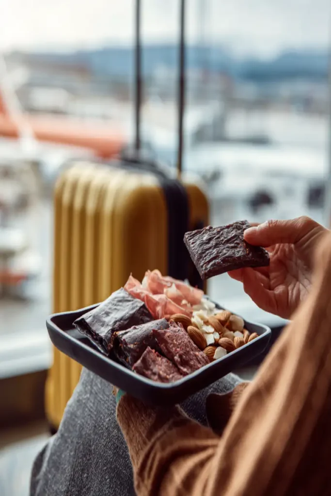 Easy Keto Travel Snacks: Best Bars and Packs for the Road 4 Traveler eating easy keto travel snacks at airport